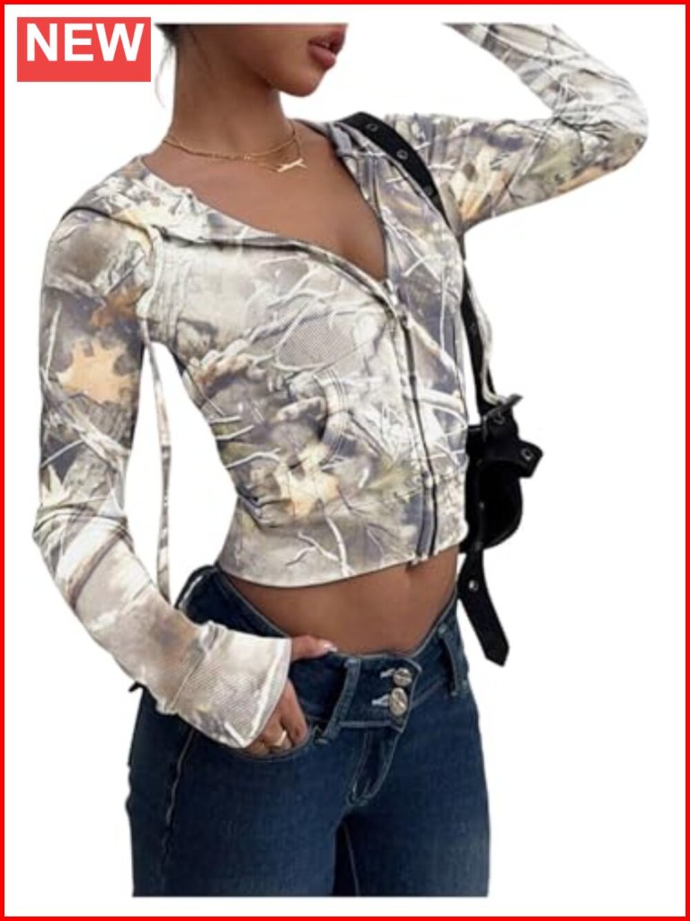 Women's Camo Zip Up Cropped Hoodie Drawstring Hooded Sweatshirt